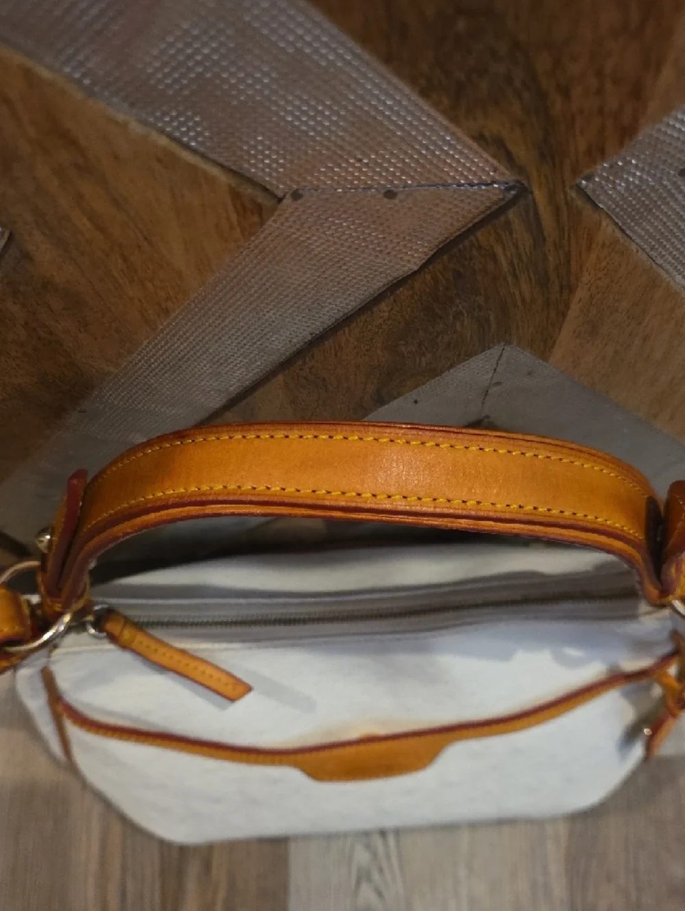 Dooney & Bourke Cream Shoulder Bag with Tan Trim and Brown Strap